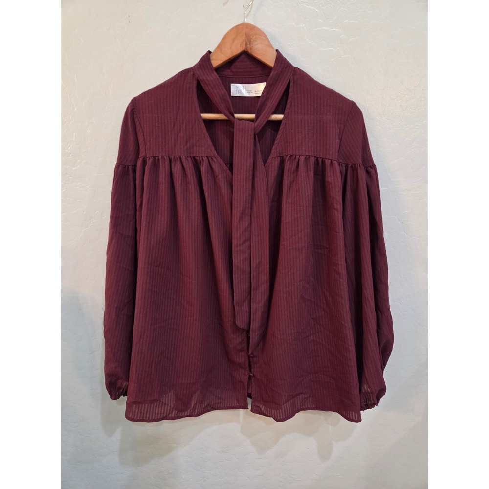 Time and Tru Metropolis Burgundy Tie Neck Pinstripe Blouse XL TTL38415 Top Woman